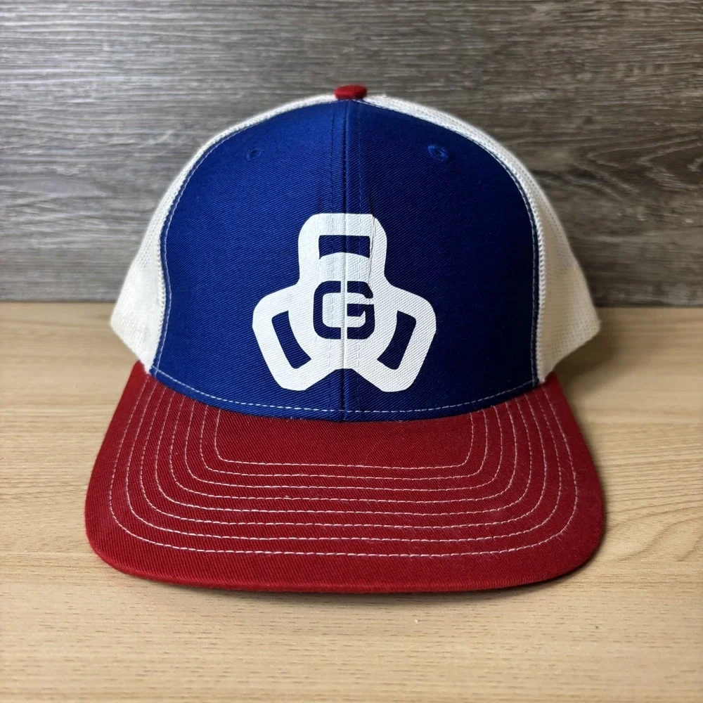 Garage Gym Barbell Hat Cap Snap Back Blue Red White Trucker Mesh Mens Fitness